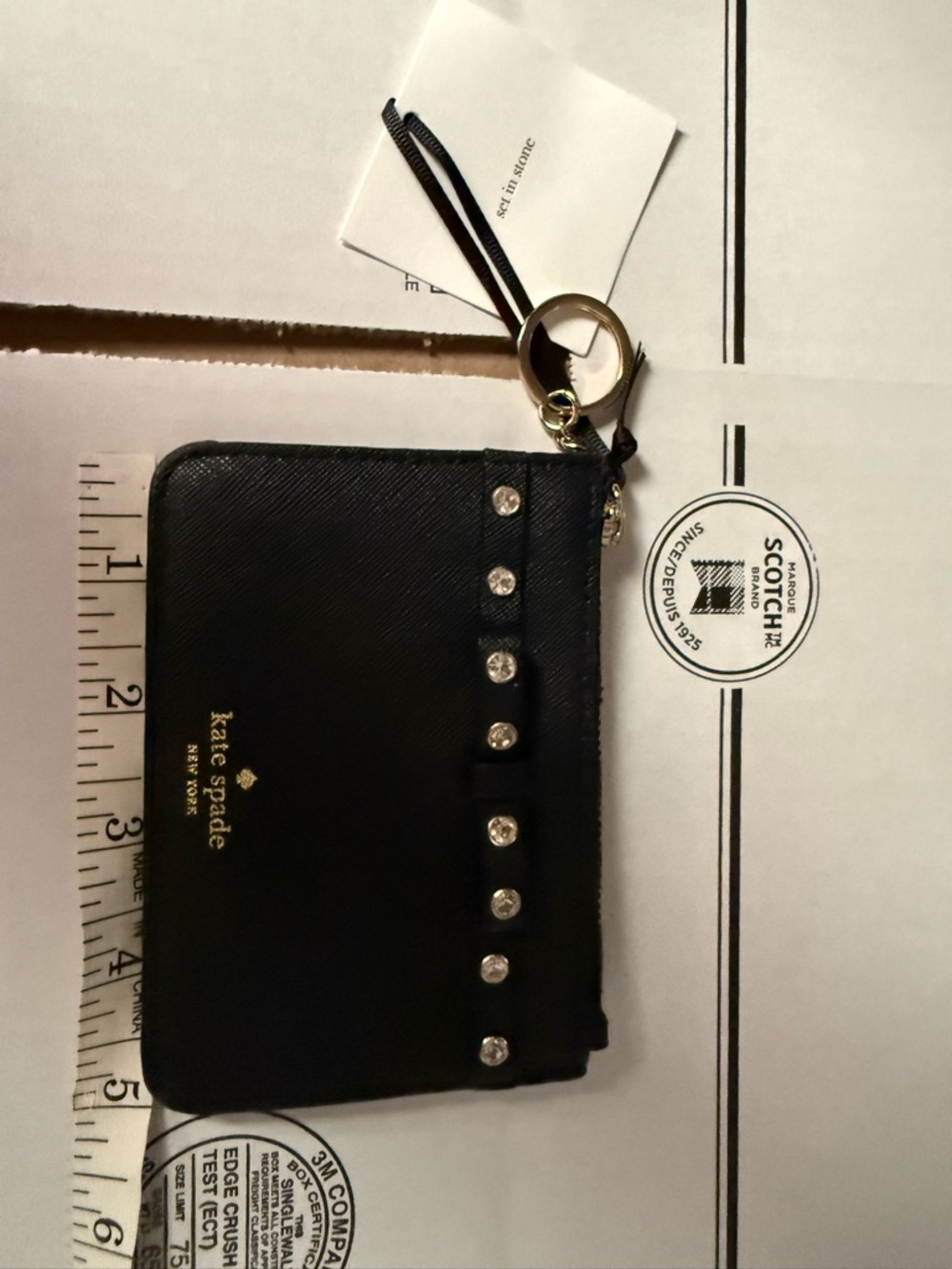 kate spade Black Crystal-Stud Zip Card Holder Keyring